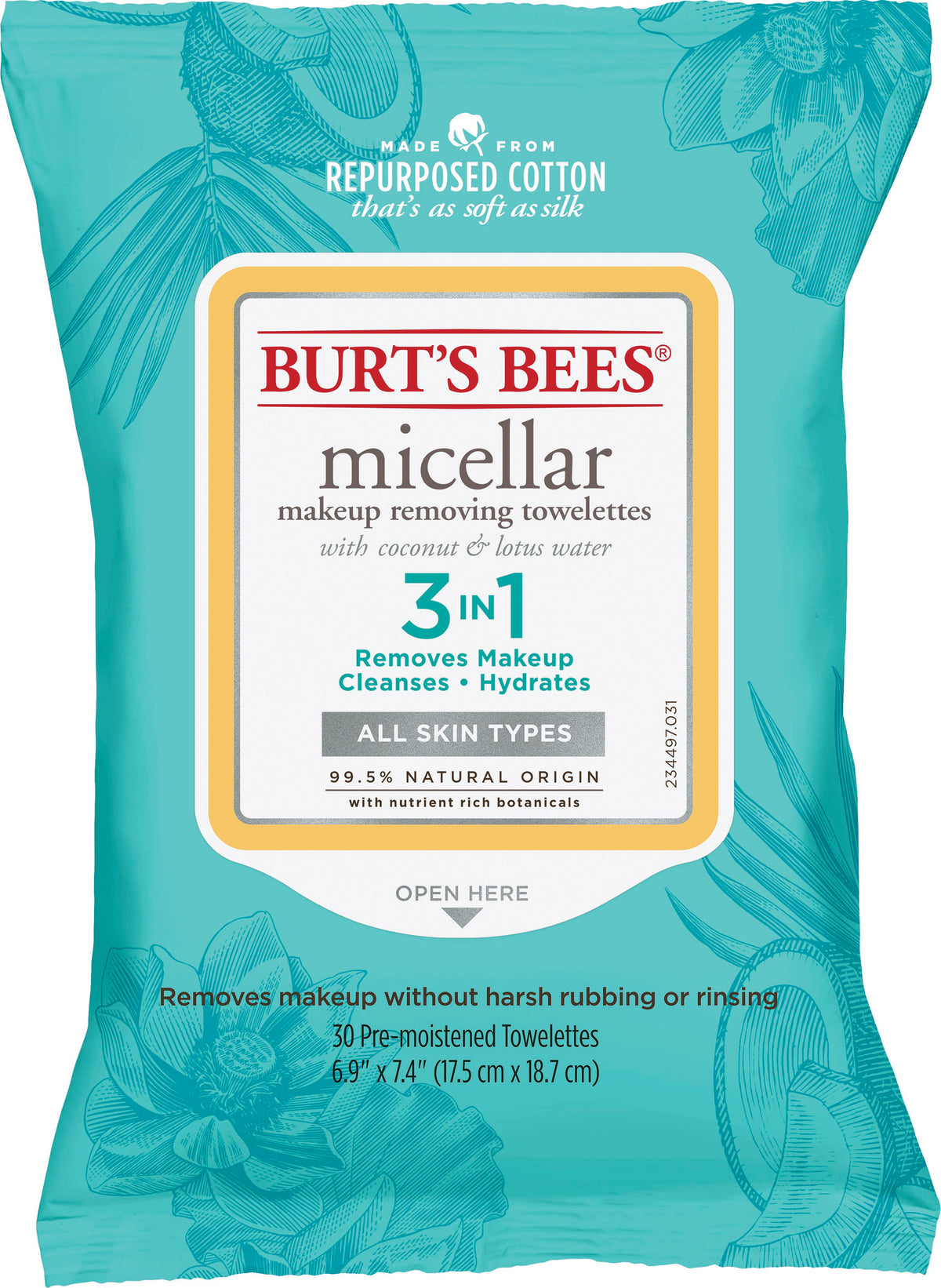 BurtS Bees Micellar Cleansing Towelettes Coconut Lotus 30Ct