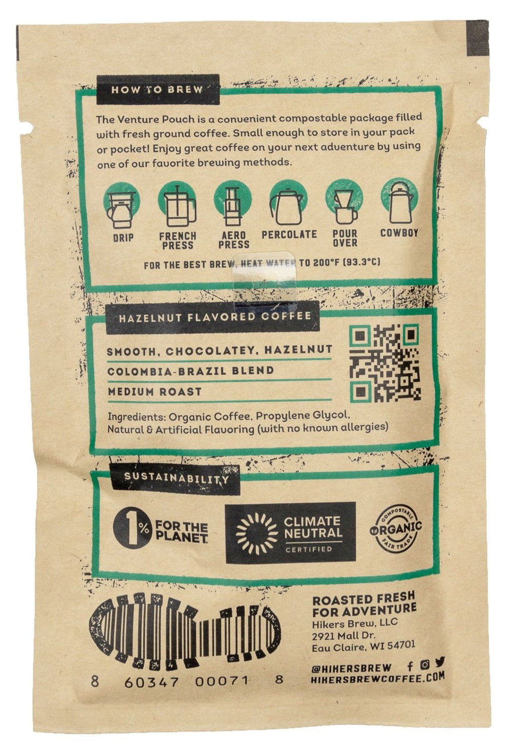 Hikers Brew Hazy Hiker Hazelnut Flavored Coffee Grinds - Venture Pouch