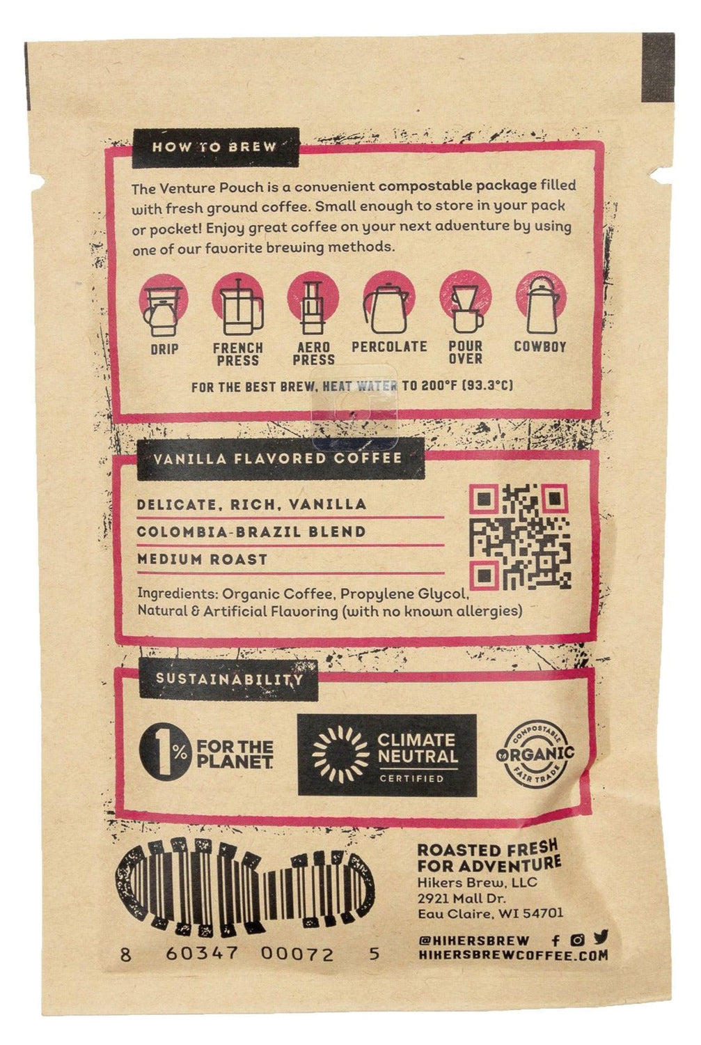 Hikers Brew Van Life Vanilla Flavored Coffee Grinds - Venture Pouch