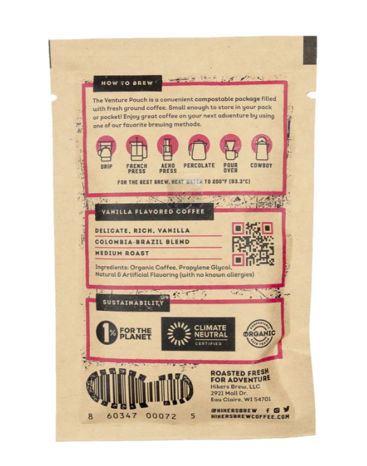 Hikers Brew Van Life Vanilla Flavored Coffee Grinds - Venture Pouch